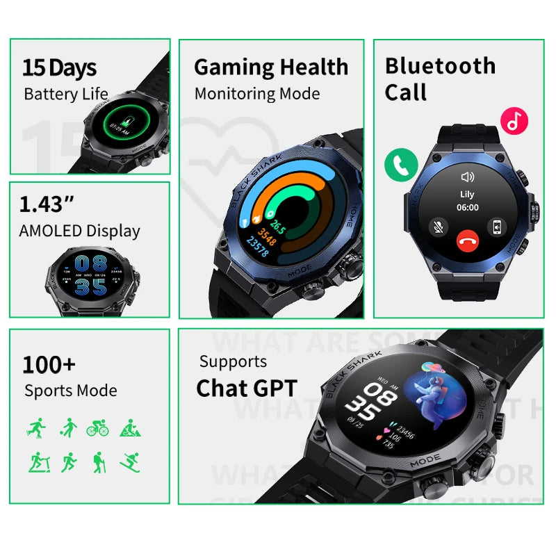 [World Premiere] Black Shark S1 Pro Global Version Smartwatch 1.43'' AMOLED Screen 100+ Sport Modes Sleep Monitoring Smart Watch