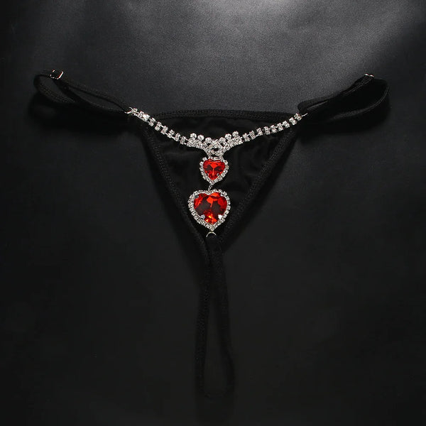 Summer Red Crystal Heart Thong Underwear Clothing Accessories G String Bikini Sexy Rhinestone Panties Body Jewelry for Women