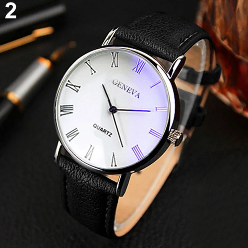 Geneva Brand Men's Popular Wrist Watches Fashion Blue Light Roman Literal Business Men's Watch Quartz Wristwatches Reloj Hombre