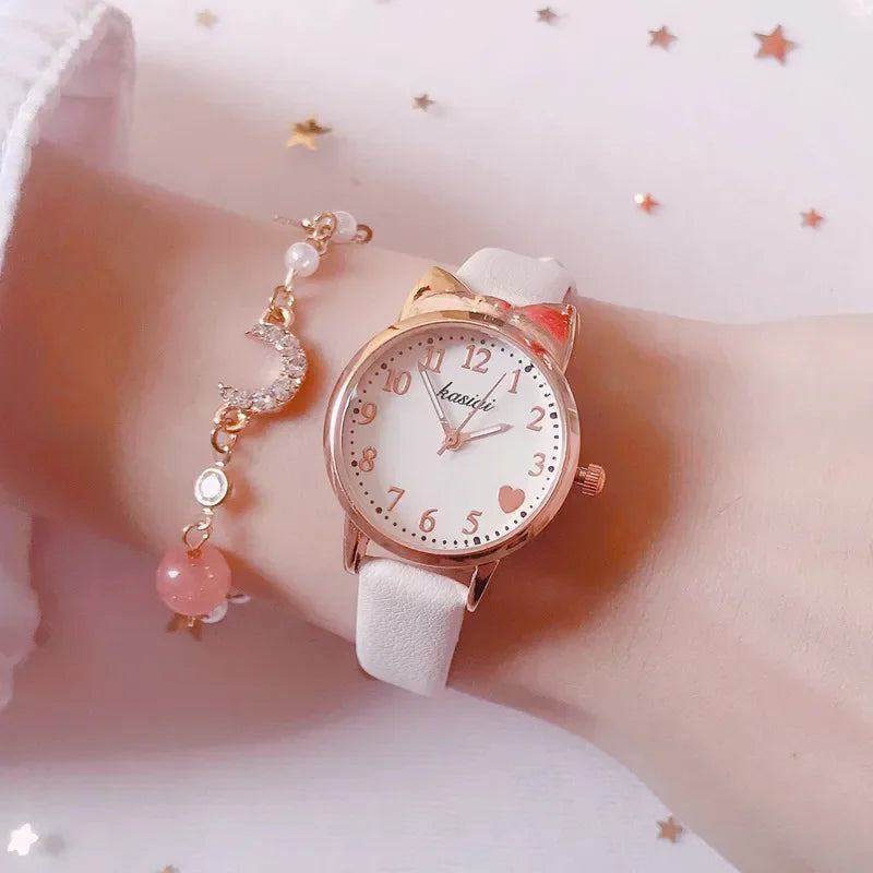 2023 Ins Fashion Women's Watch Cute Heart Female Student Quartz Watches Leather Strap Star Moon Bracelet+Watch Set Gift Relojes