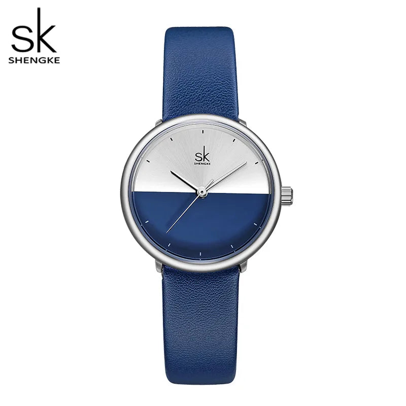 Shengke Original Design Woman Watches Fashion Blue Leather Strap Women's Quartz Wristwatches Ladies Clock New Reloj Mujer Saat