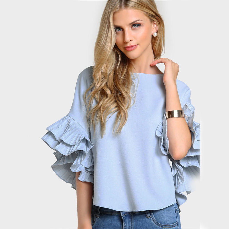 Round Neck Lotus Leaf Double Layer Flared Sleeve Short Fashion Top