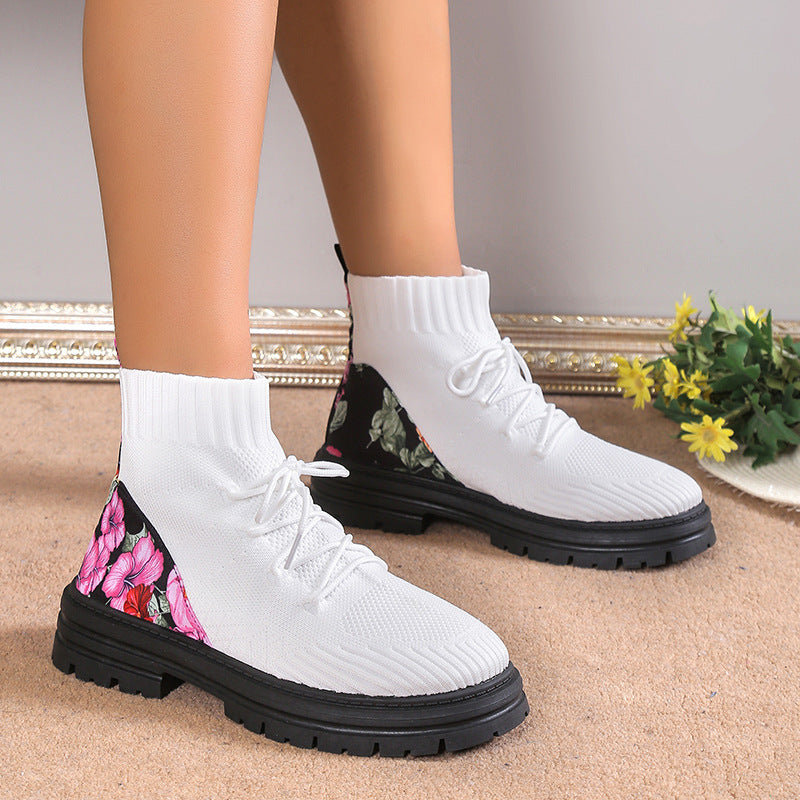 Flowers Print Sock Boots Knitted Mesh Shoes Breathable High-top Elastic Slip-on Shoes For Women Autumn Winter Ankle Boots