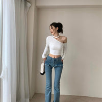 Button-Drape Fall High-Rise Slim Straight Wide-Leg Jeans