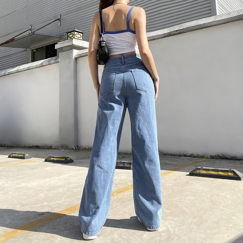 Asymmetrical Hole High-rise Buttocks Straight-leg Casual Jeans