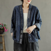 Ancient Coffee Dress Folk Embroidery Pan Buckle Jean Coat