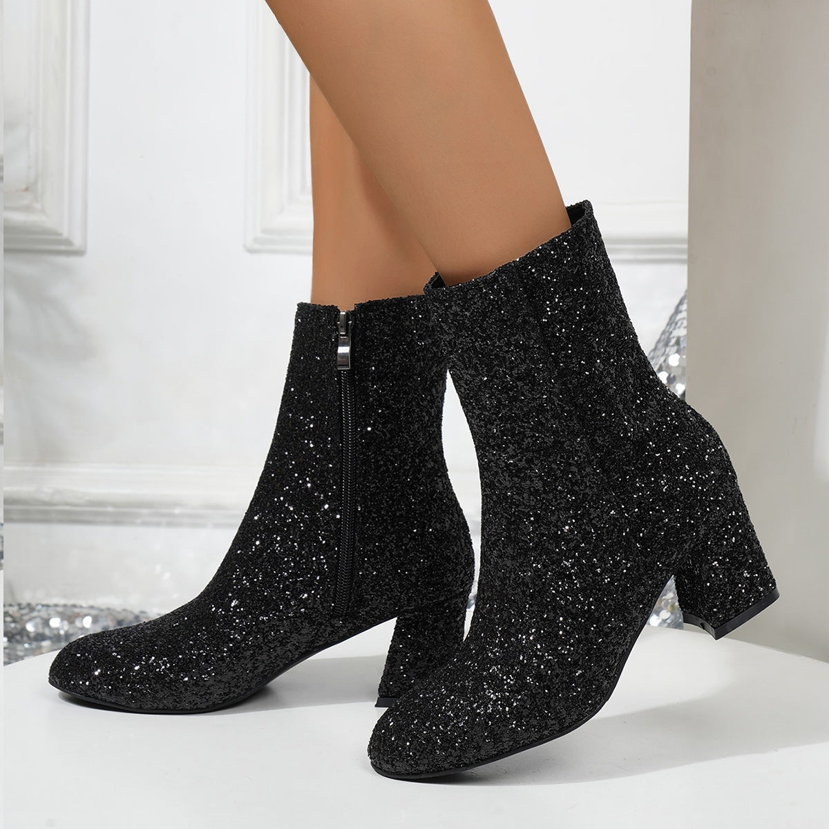 New Fashion Sequin Boots For Women Square Heel Side Zipper Shoes Lady Street Party Evening Boots Winter Autumn Spring