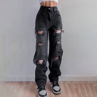 Asymmetrical Hole High-rise Buttocks Straight-leg Casual Jeans