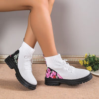 Flowers Print Sock Boots Knitted Mesh Shoes Breathable High-top Elastic Slip-on Shoes For Women Autumn Winter Ankle Boots