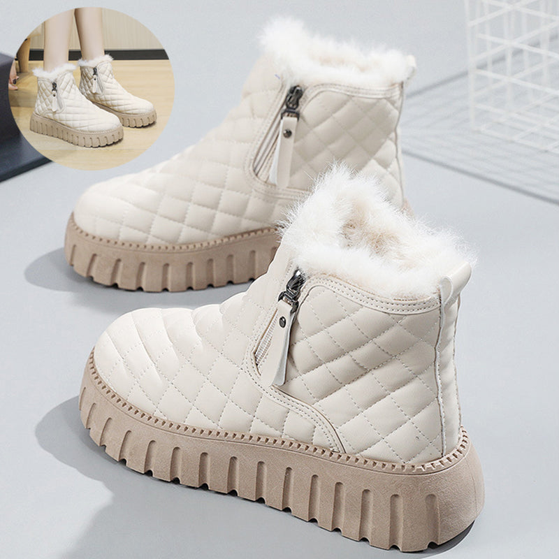 Women's Plaid Pattern Platform Ankle Boots Casual Side Zipper Plush Lined Snow Boots Winter Comfortable Short Boots