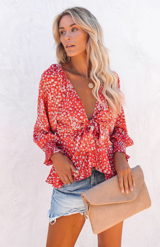 Women's Floral Print V-Neck Tie Waist Long Sleeve Shirt - Big ben-Boutique