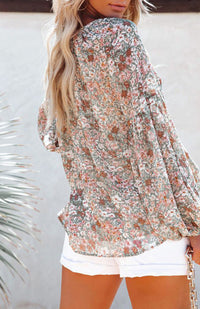 V-Neck Lantern Sleeve Curved Pendant Floral Print Chiffon Top