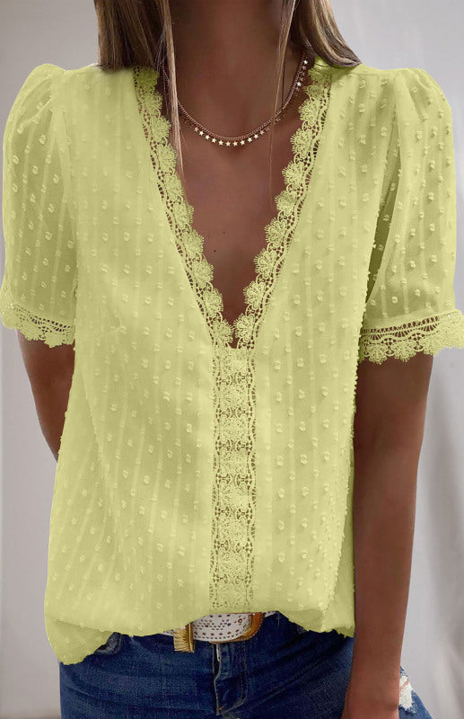 Women’s Lace Splicing V-Neck Swiss Dot Short Sleeve Top - Big ben-Boutique