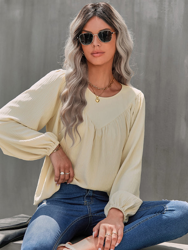 Women's casual loose round neck solid color pullover shirt