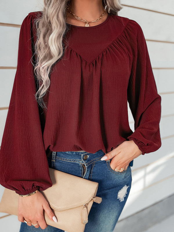 Women's casual loose round neck solid color pullover shirt