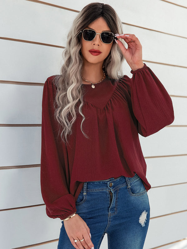 Women's casual loose round neck solid color pullover shirt