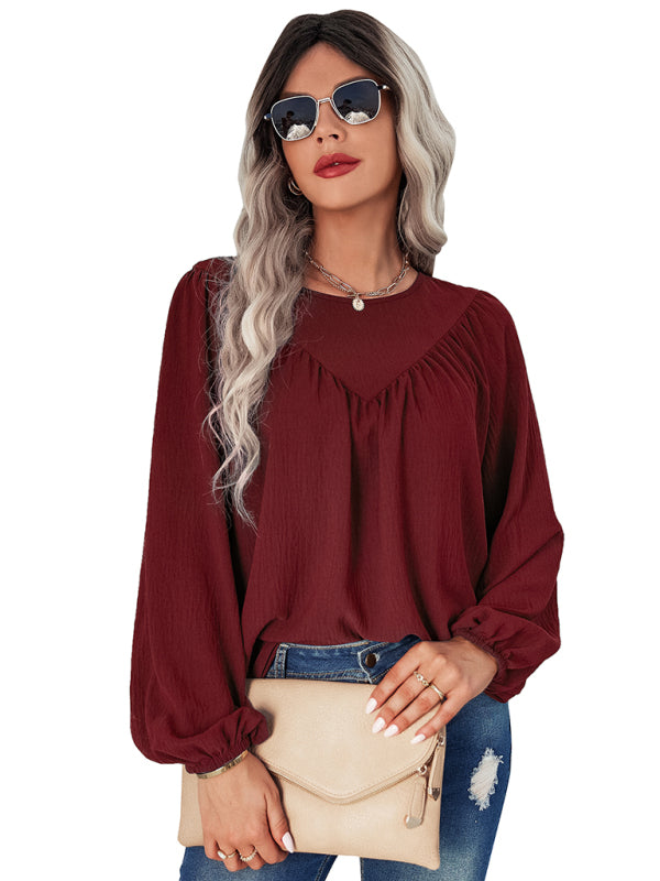 Women's casual loose round neck solid color pullover shirt