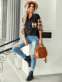 Women's fashion Plaid patchwork Polo loose shirt