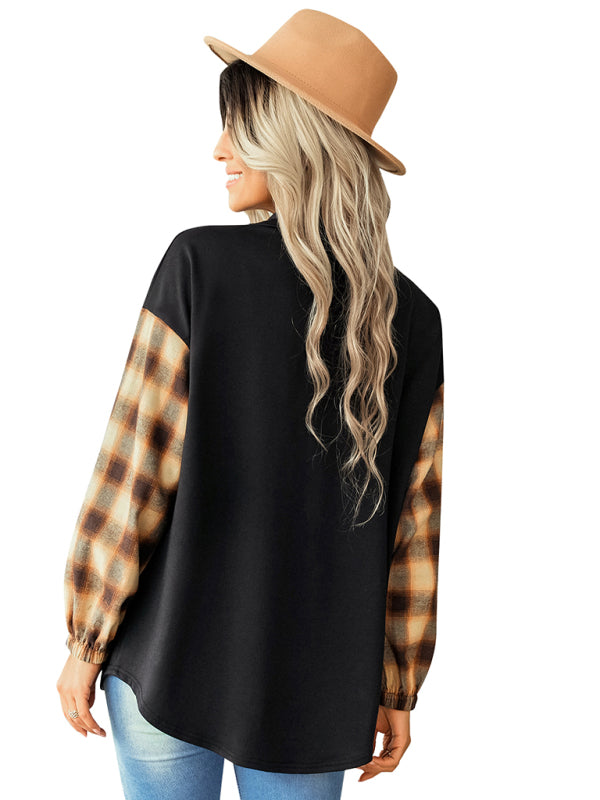 Women's fashion Plaid patchwork Polo loose shirt