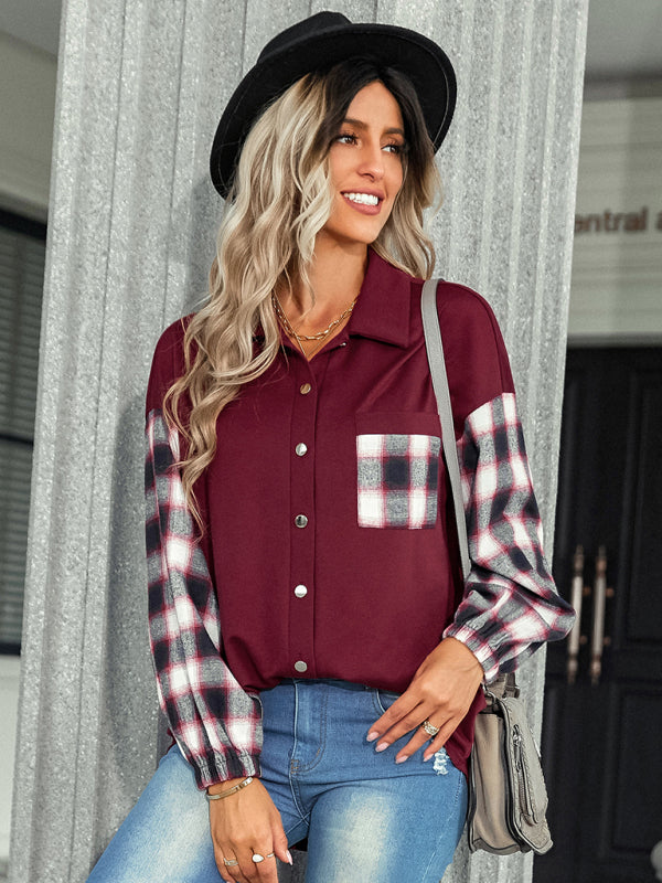 Women's fashion Plaid patchwork Polo loose shirt