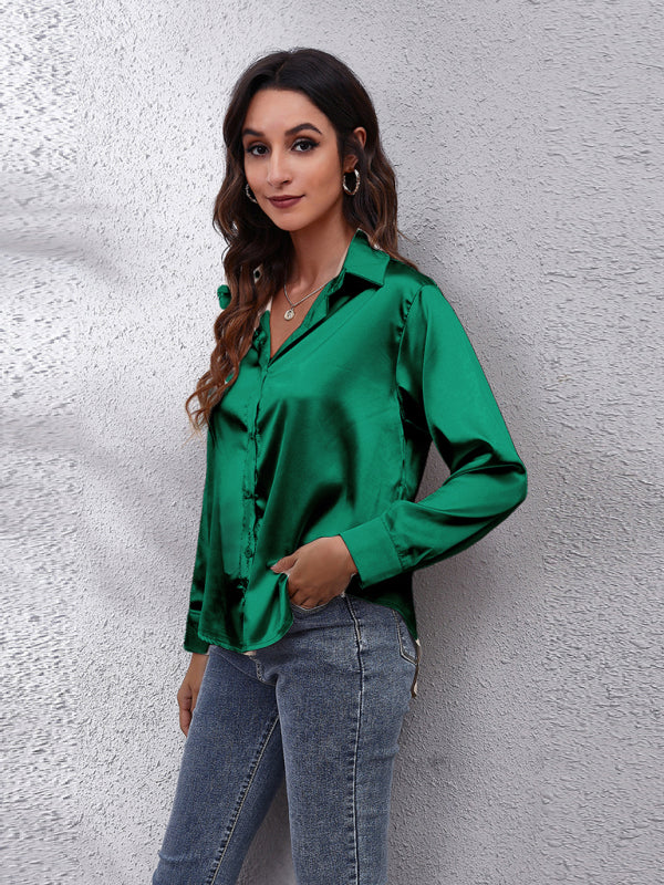 Women's Satin imitation silk long sleeved shirt