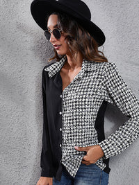 Women's Plaid stitched bubble sleeve Long Sleeve Shirt