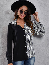 Women's Plaid stitched bubble sleeve Long Sleeve Shirt