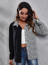 Women's Plaid stitched bubble sleeve Long Sleeve Shirt