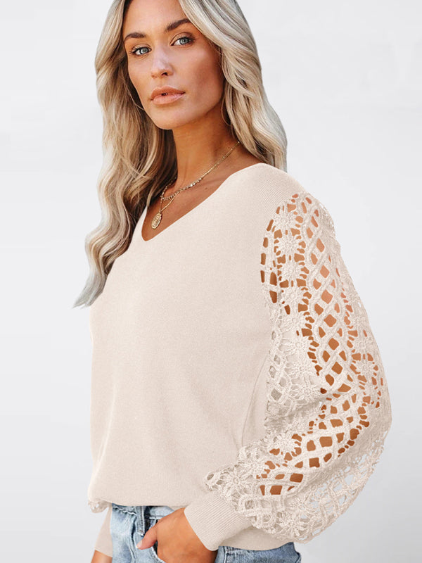 Women's Casual Cutout Long Sleeve V-Neck Pullover Top