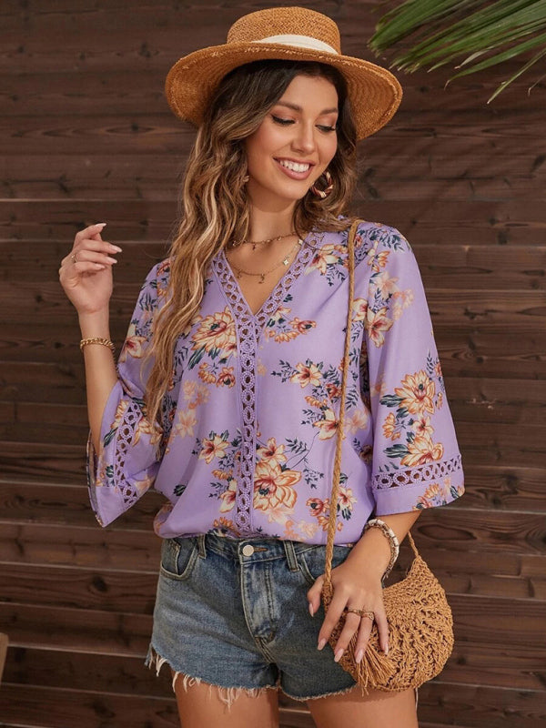 Women's V-neck printed patchwork lace flared sleeve top - Big ben-Boutique