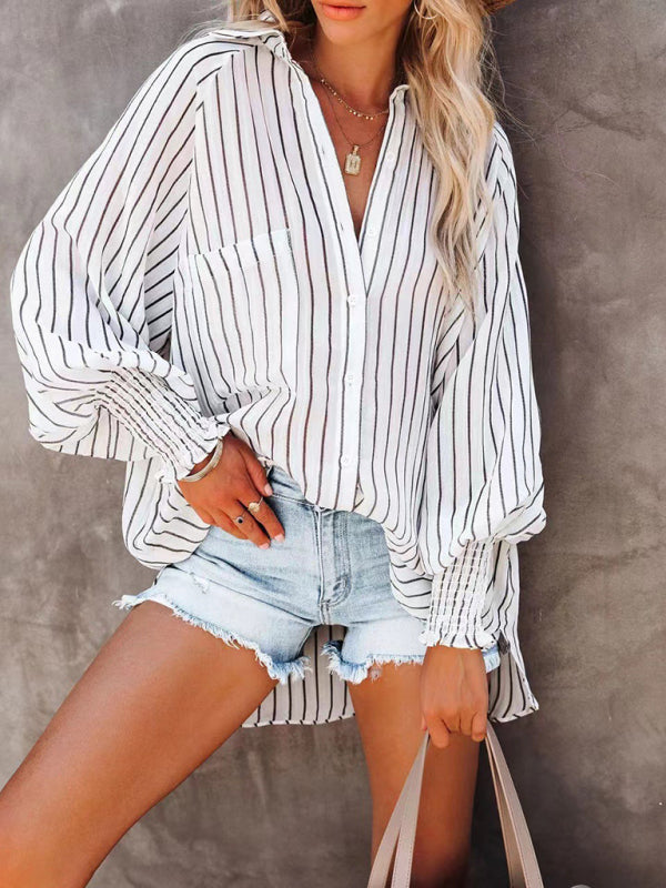 Collar shirt thin medium long stripe casual long sleeve shirt - Big ben-Boutique