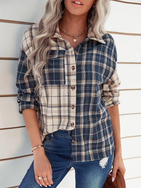 Women's lapel plaid long sleeve loose shirt - Big ben-Boutique