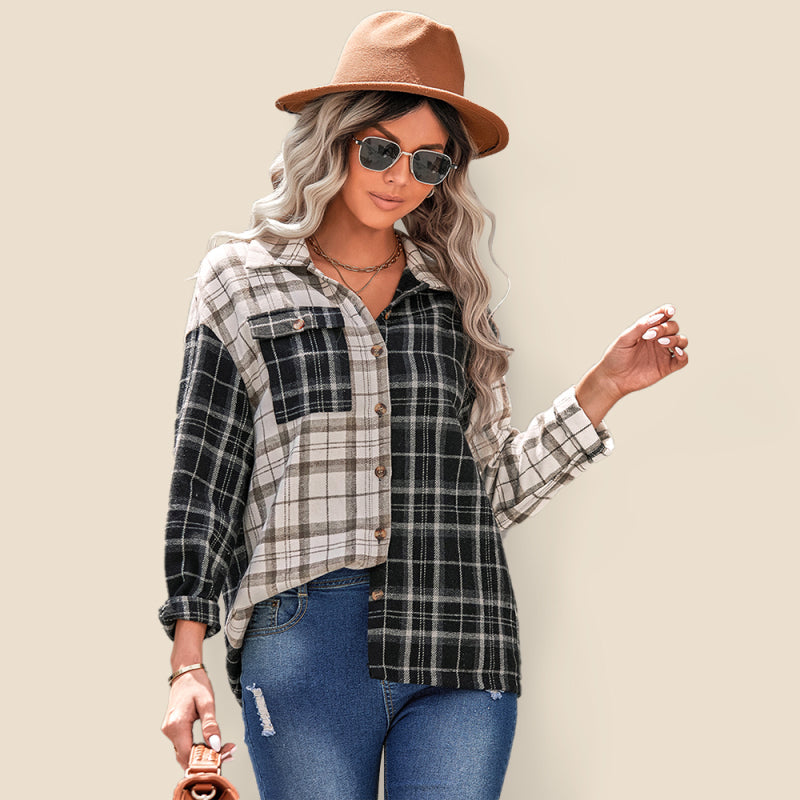 Women's lapel plaid long sleeve loose shirt - Big ben-Boutique