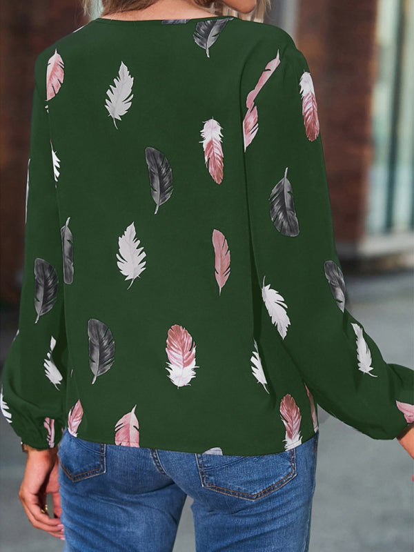 V Neck Feather Print Long Sleeve Oversized T-Shirt Shirt - Big ben-Boutique