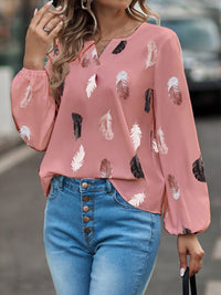 V Neck Feather Print Long Sleeve Oversized T-Shirt Shirt - Big ben-Boutique