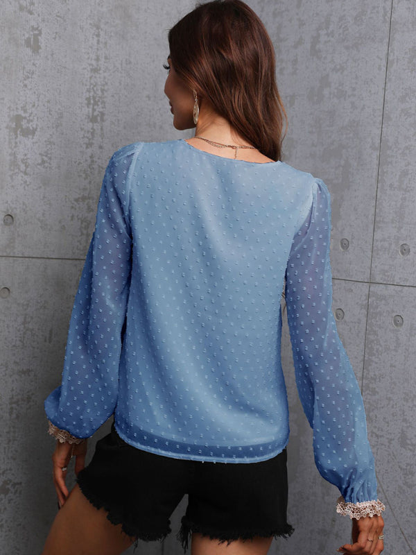 Chiffon solid color stitching lace long-sleeved shirt commuting top