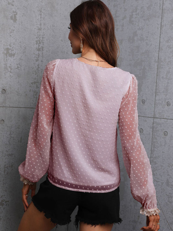 Chiffon solid color stitching lace long-sleeved shirt commuting top