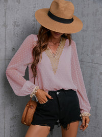 Chiffon solid color stitching lace long-sleeved shirt commuting top