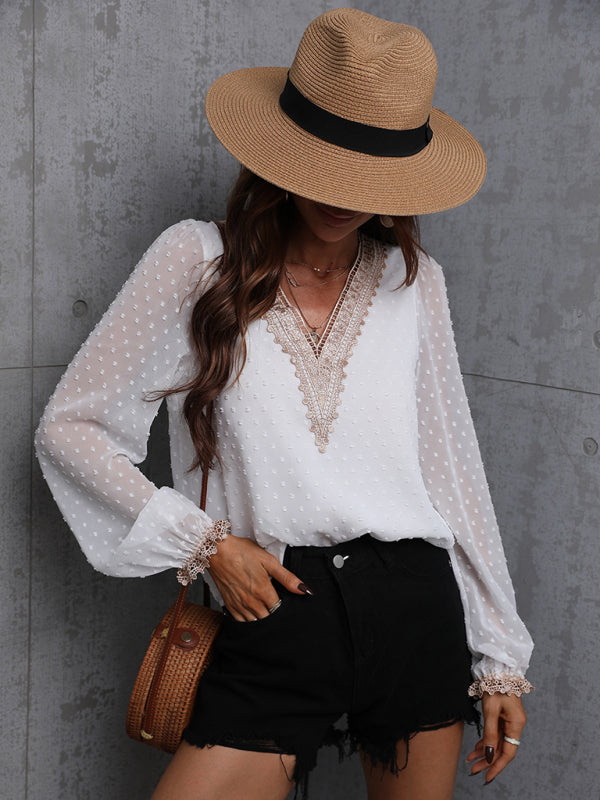 Chiffon solid color stitching lace long-sleeved shirt commuting top