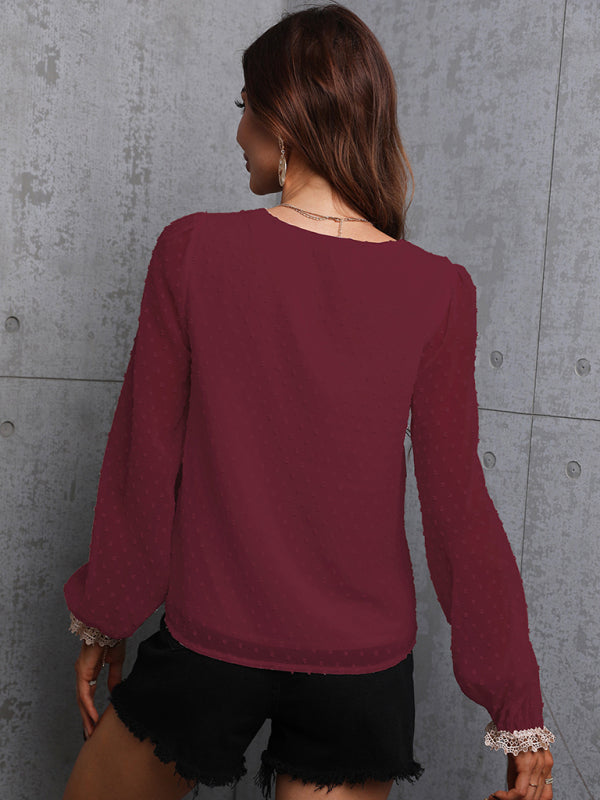 Chiffon solid color stitching lace long-sleeved shirt commuting top