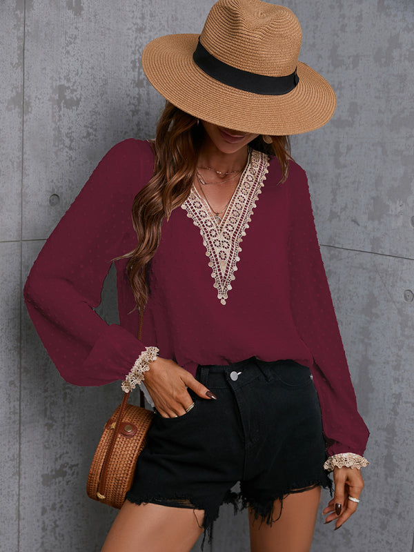 Chiffon solid color stitching lace long-sleeved shirt commuting top