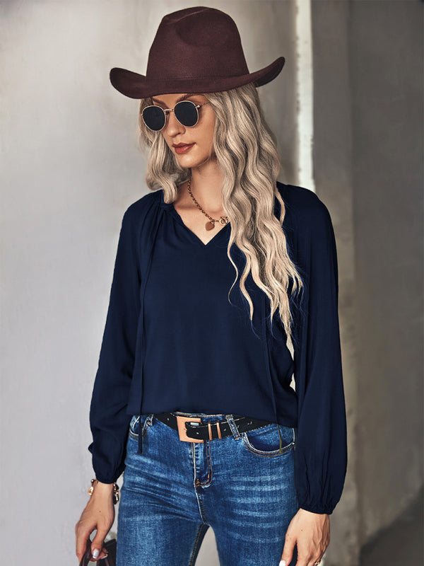 Women's woven elegant V-neck long-sleeved shirt - Big ben-Boutique