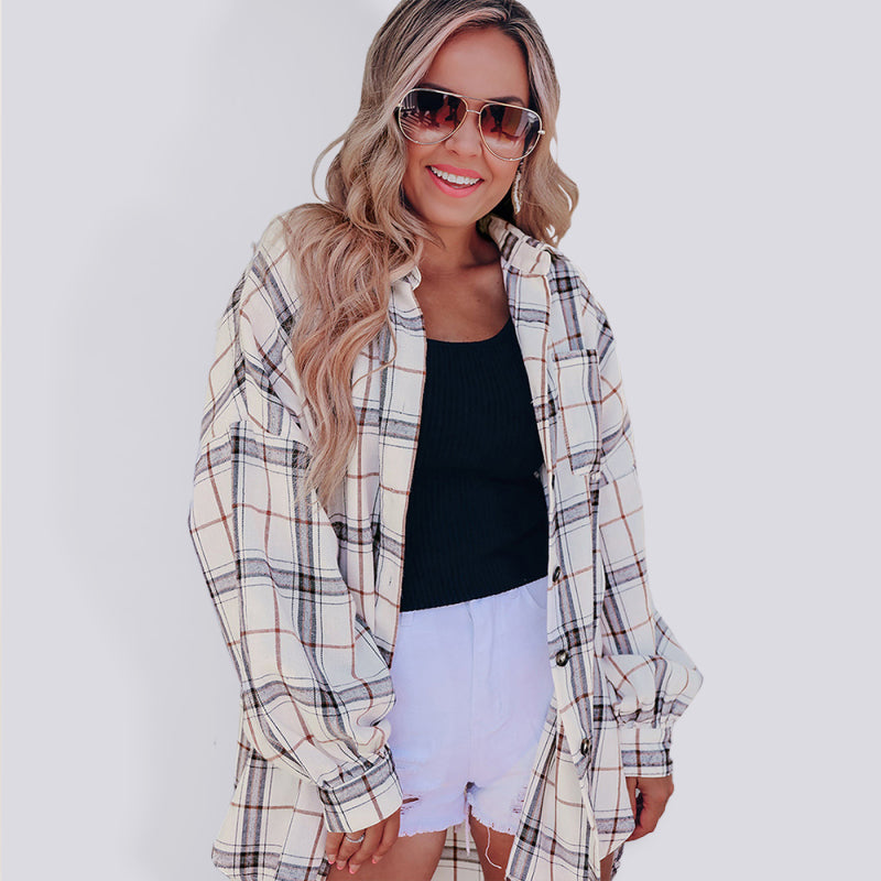 New checkered long-sleeved shirt Hip-covering loose cardigan All-match shirt - Big ben-Boutique