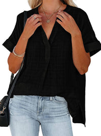 Women's V-neck short-sleeved striped thin loose check shirt