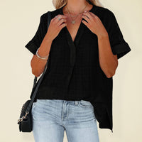 Women's V-neck short-sleeved striped thin loose check shirt