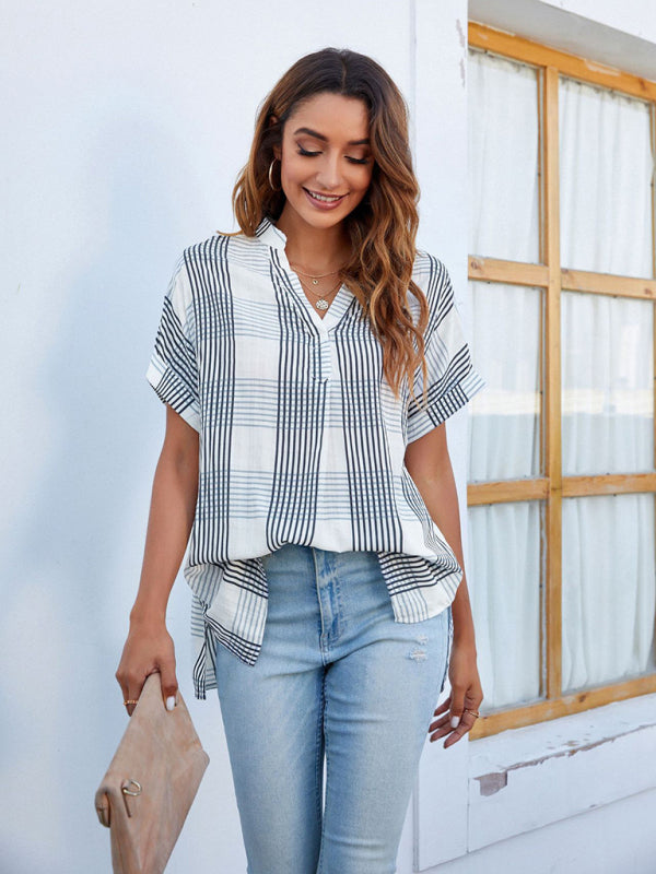 Women's V-neck short-sleeved striped thin loose check shirt