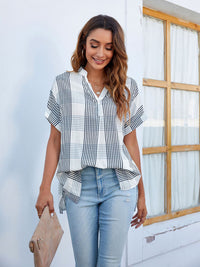 Women's V-neck short-sleeved striped thin loose check shirt