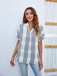 Women's V-neck short-sleeved striped thin loose check shirt