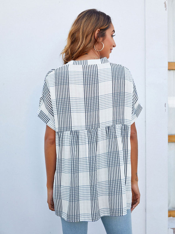 Women's V-neck short-sleeved striped thin loose check shirt