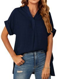 Women's V-neck short-sleeved striped thin loose check shirt